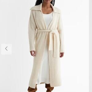 Express Cream Boucle Oversized Collar Belted Duster Cardigan Sweater Medium